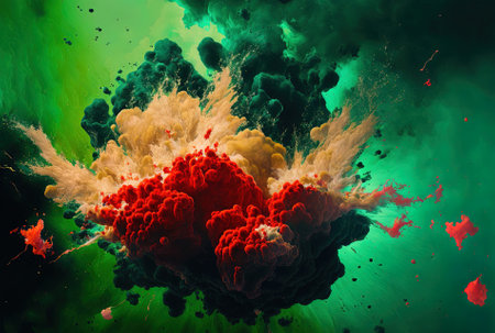 undersea explosion on a green red smoke abstract backdrop in acrylic paintの素材