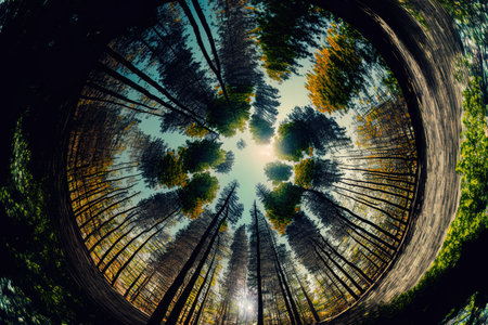 On a sunny day, a wide image of trees in the center of a forest is seenの素材