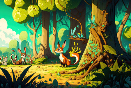 Scene of a forest during a sunny day in a cartoon with many wild creaturesの素材