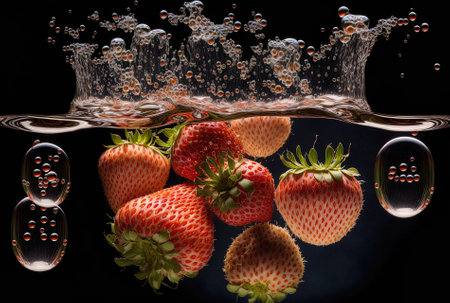 a backdrop of air bubbles and strawberries cascading into pure waterの素材