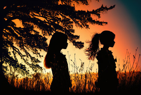Two girls enjoying themselves in nature in a silhouetteの素材