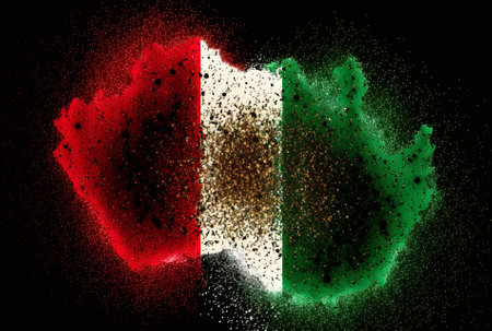 United Arab Emirates flag texture on an abstract glowing particle surfaceの素材