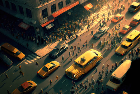 crowded intersection with many people and autosの素材