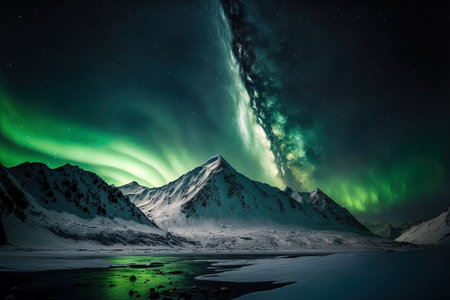 the Milky Way in all its glory, with a green aurora dancing over the mountainの素材