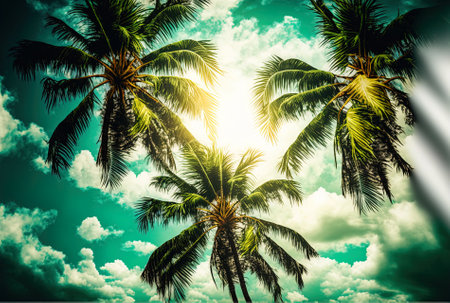 Vertical tropical coconut green palm tree backdrop, white clouds during the summerの素材