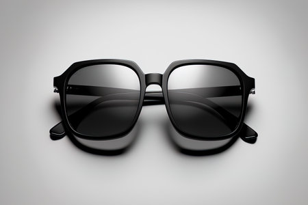Top view of stylish sunglasses with a black plastic frame on a white backdropの素材