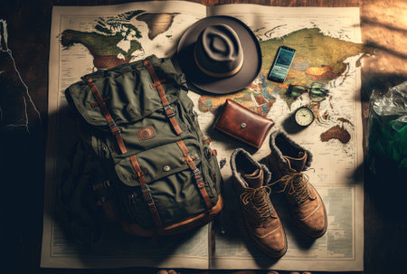 A contemporary setup of travel gear and a mapの素材