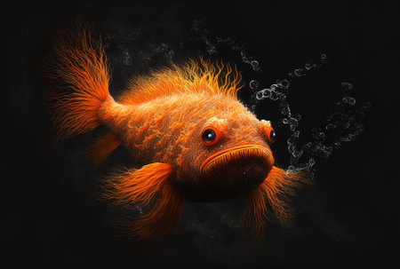 A bright orange hairy monster swims on a black backdrop in this pictureの素材