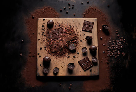 A black wooden table with chocolate tablet pieces and cacao sprinkled on topの素材
