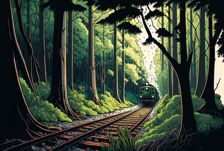 A railway seen from a wide angle passing through a forestの素材