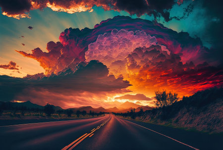 Amazing and colorful clouds with a sunset above a highway.の素材