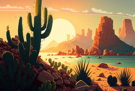 A sea flanked by cactus and rock covered hills is lit up by the sun and a clear skyの素材