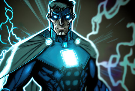 A cyborg superhero with a blue cloakの素材