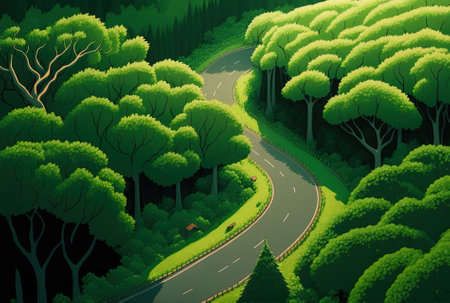 Aerial image of a road in the midst of an enthrallingly lush forestの素材