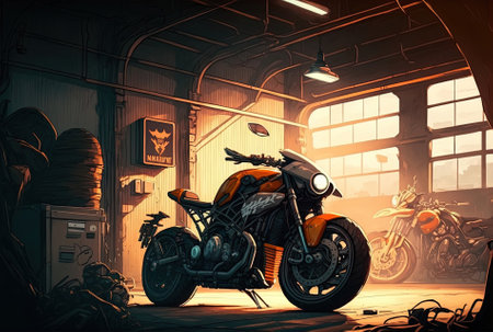 Amazing new motorcycle is parked in the shadowy basement garageの素材