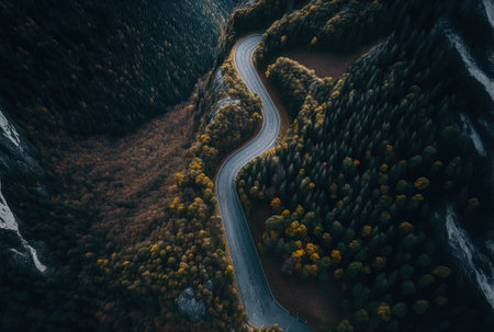 Aerial drone view of a winding mountain road in the autumn forestの素材