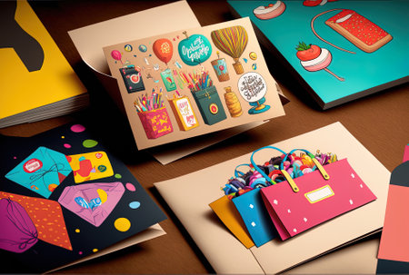 A selection of cards with vibrant shopping bags and decorationsの素材