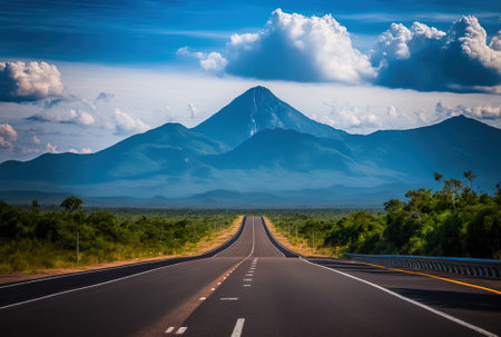 Beautiful Thai highway road with a backdrop of a blue sky and a mountainの素材