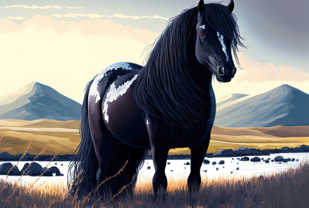 Black icelandic horse on an icelandic meadow with grass and snow in the sunlightの素材
