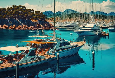 Boats and yachts docked at sea in Turkey. Yacht berthed in portの素材