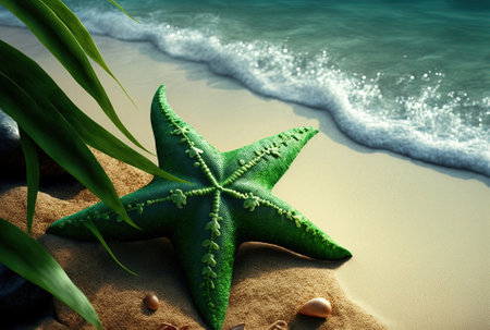 a beach with starfish and a green leafの素材