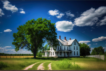 Beautiful photograph of a large farmhouse against a background of pure blue skiesの素材