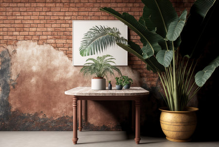 Brick wall and a barren top of a tropical table in mockupの素材
