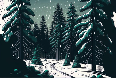 Beautiful pine woodland with snow falling in it. beautiful winter sceneryの素材