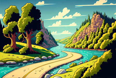 a constrained road adjacent to a stunning, spotless riverの素材