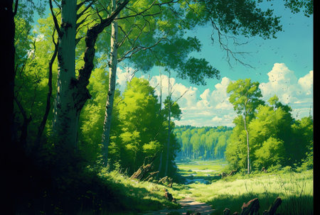 a lush woodland and a clear skyの素材