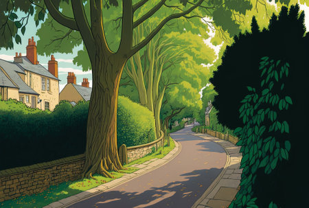 a curvy lane in Windsor, England lined by lush treesの素材
