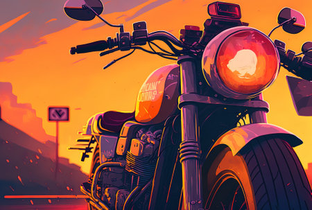 a motorbike in close up against a sunset colored backgroundの素材