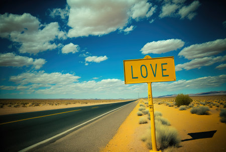 beneath a blue sky, a yellow road sign with the word loveの素材