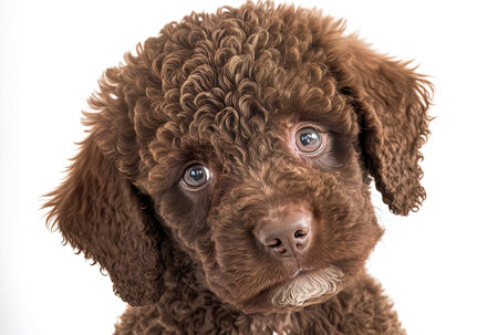 Brown poodle puppy dog portrait staring up on white backdropの素材