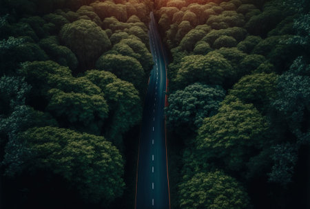 a high perspective of a road between a natural settingの素材