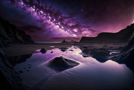 breathtaking image of the water beneath a starry, dark purple skyの素材