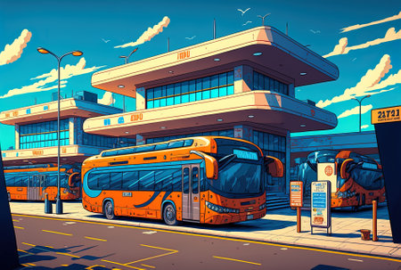 Bus station in a city with structuresの素材