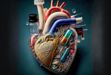 a heart containing syringes, masks, and medicationの素材