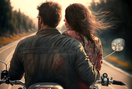 Couple on a motorcycle as seen from behindの素材