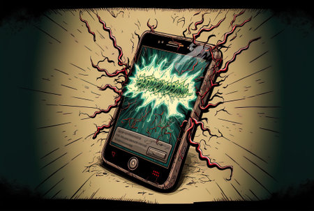 current smartphone that is state of the art and has a locked and lit screenの素材