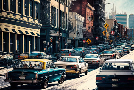 City traffic with parked automobiles along the streetの素材