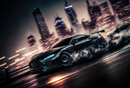 Dark black sports vehicle in motion against a cityscapeの素材