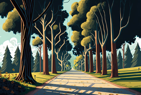 Daytime vertical image of a road in a park with towering treesの素材