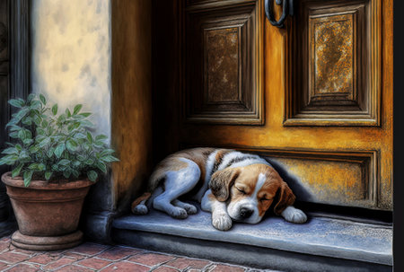 Dog puppy waiting and napping at the front entrance.の素材