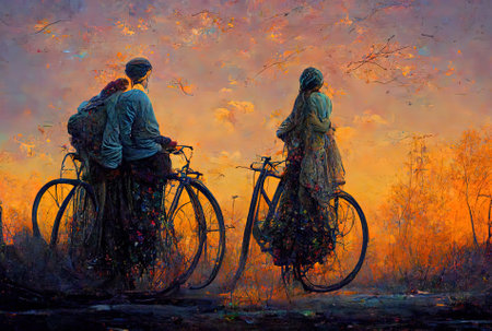 embracing couple with bicycles in behind viewの素材