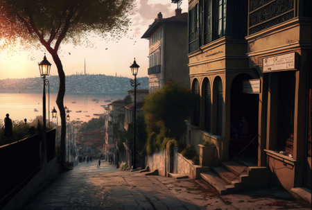 early morning view of the Bosphorus from a side street in Istanbulの素材