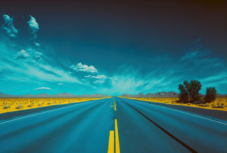 A bright blue sky and a yellow lined asphalt roadの素材