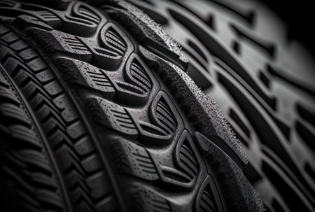 A close up showing the texture of a black tireの素材