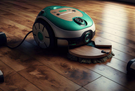 A robot vacuum cleaner collects rubbish while riding on wooden parquetの素材
