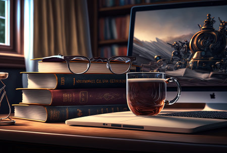 A close up of a laptop, bookshelves full of books, glasses, and a cupの素材